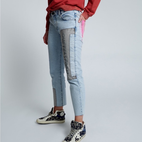 One Teaspoon Blue Graffiti Straight Leg Jeans Size 18 - Picture 3 of 16